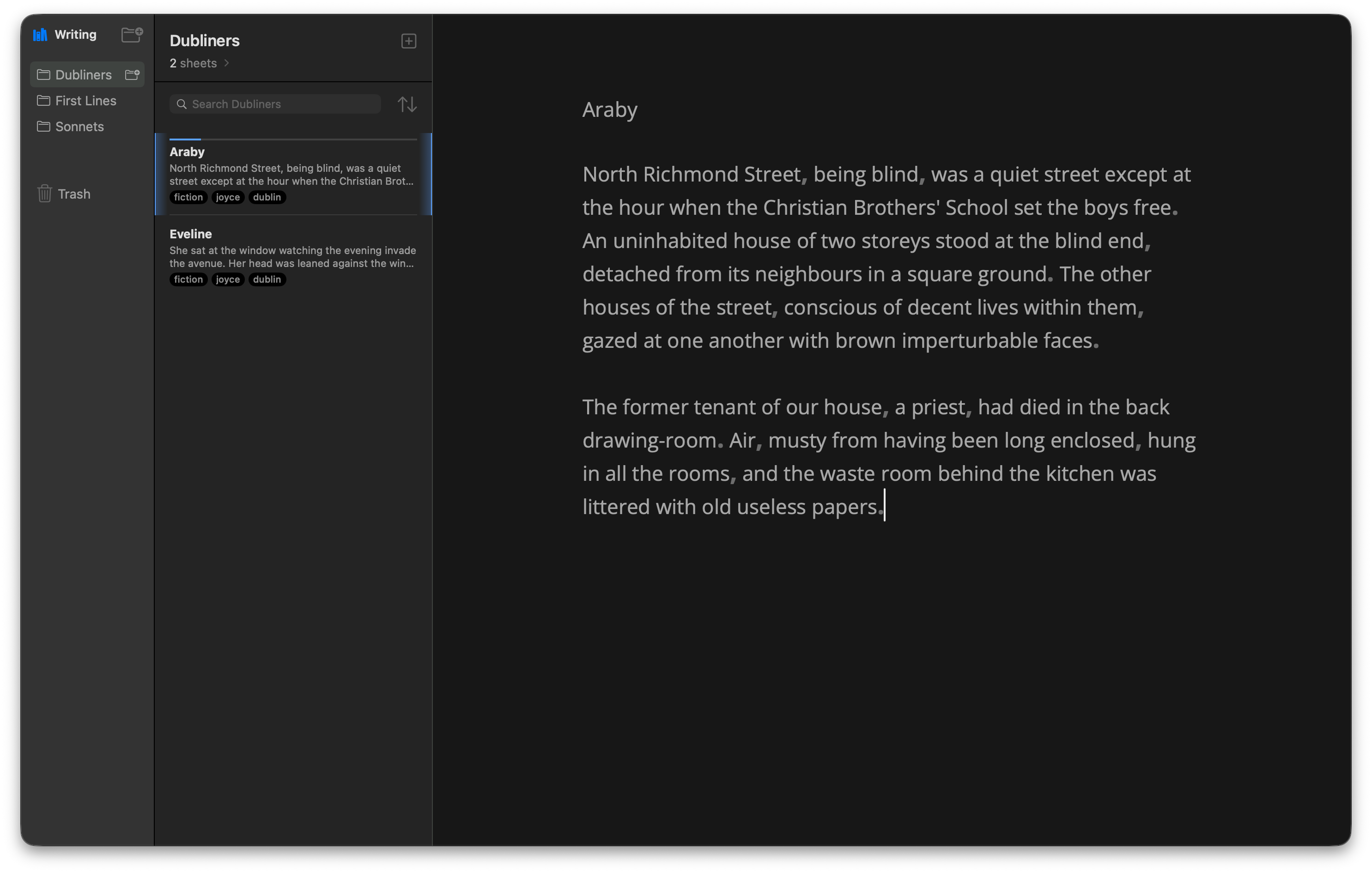 Writy in dark appearance with the Dubliners group selected, its sheets listed, and the story Araby open in the editor, the caret at the end of its text.