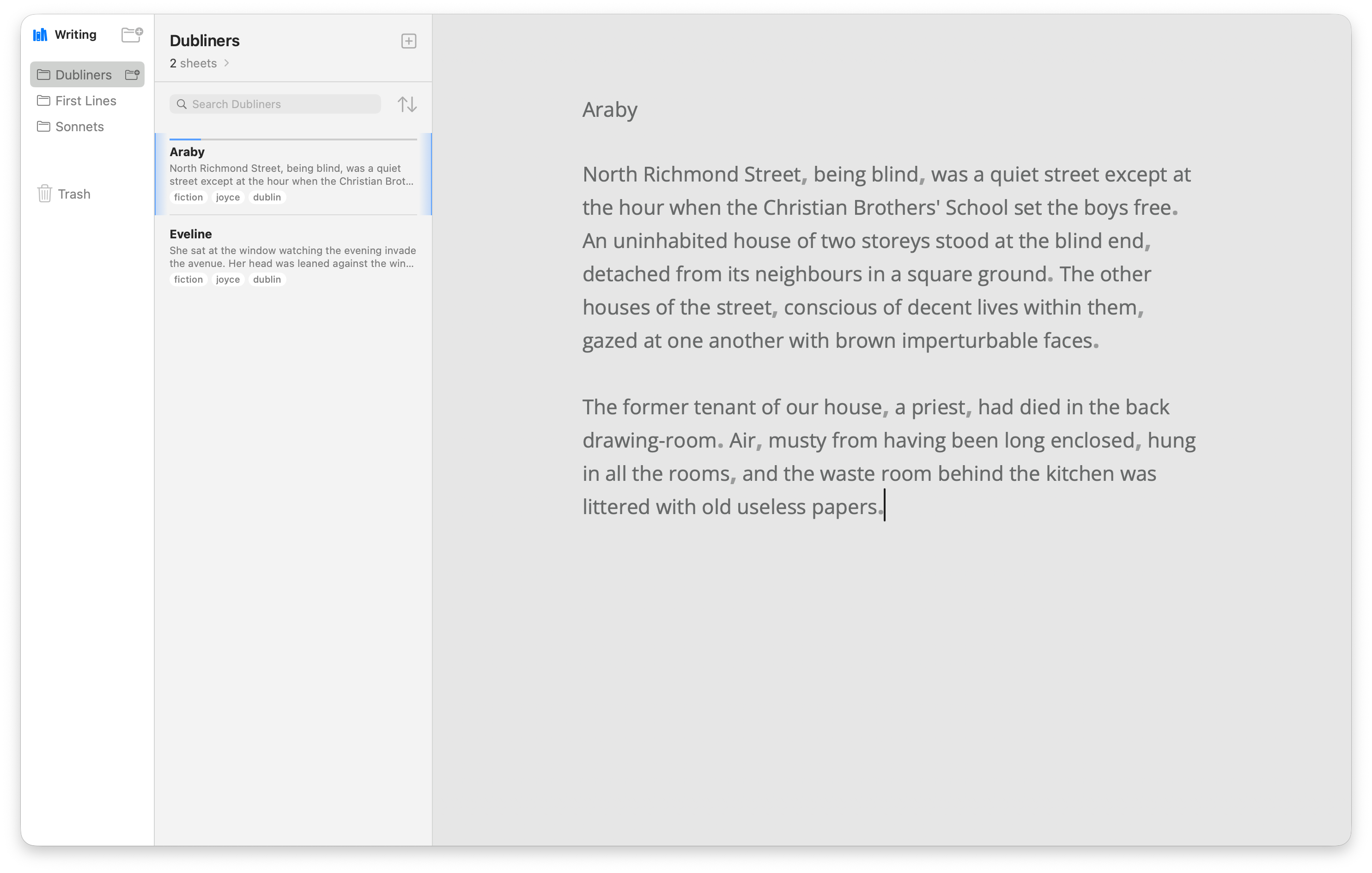 Writy with the Dubliners group selected, its sheets listed, and the story Araby open in the editor, the caret at the end of its text.